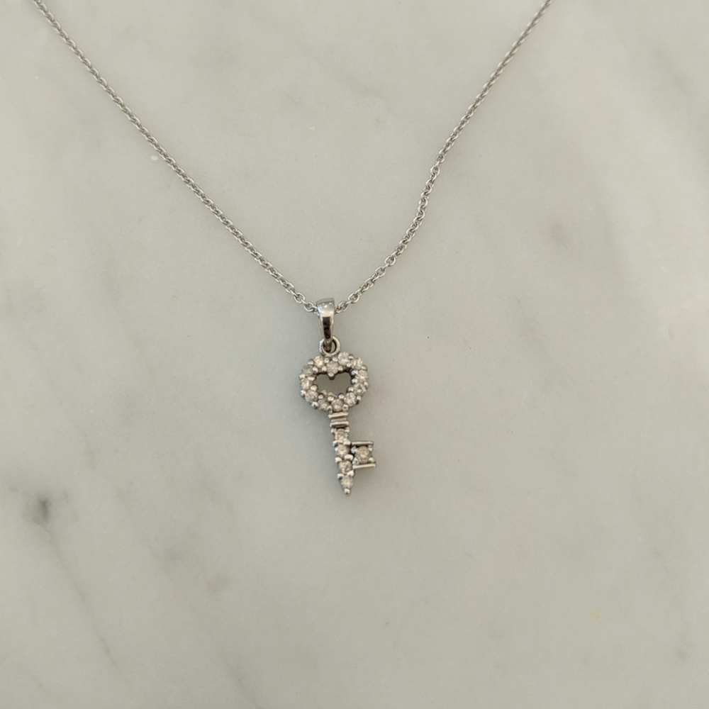 Diamond and 14K White Gold Heart Key Necklace